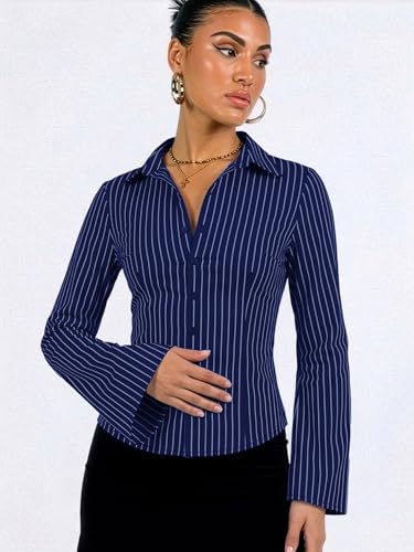 Image of Aahwan Striped Button Down Flared Bell Long Sleeve Casual Shirt for Women's & Girl's