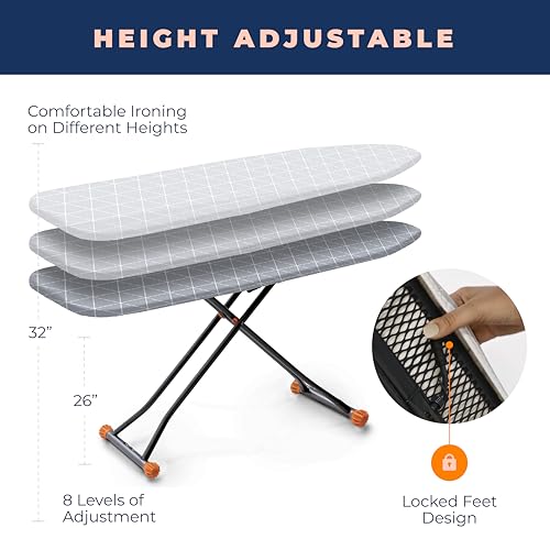 happhom Standard Size Deluxe T-Leg 15 x 54 Ironing Board with Extra Thick Heavy Duty Padded Cotton Cover, Height Adjustable, Extreme Stability, Solid Four-Legged Frame with Heat-Resistant Silicone Pad - Thumbnail 4