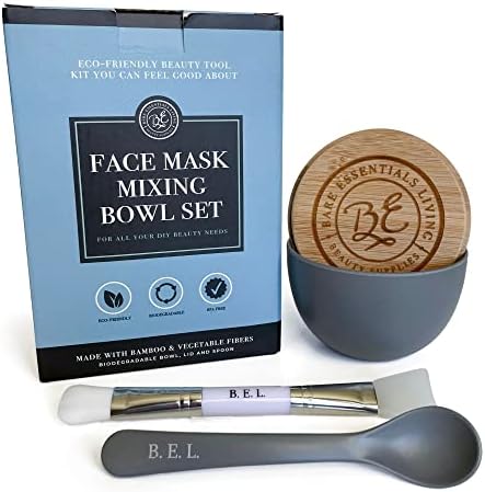 Clay Face Mask Mixing Bowl Set- Kit with Bamboo Lid, Spoon, Dual Sided Face Mask Brush Applicator Soft Silicone Spatula and Face Mask Brush for DIY Clay Mud Mask, Facials, Body and Hair (Grey)