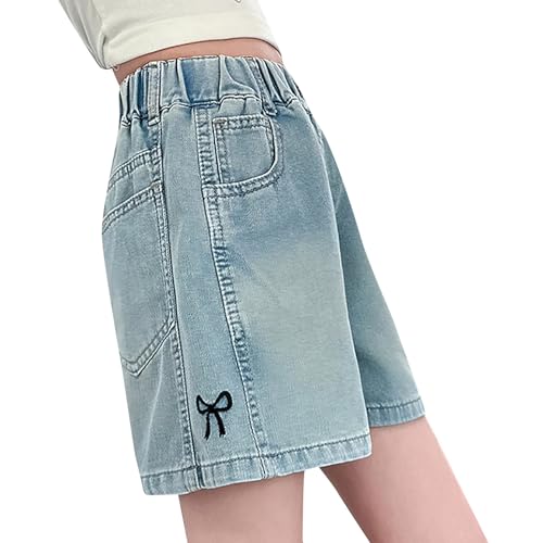 Generic Pantalon court en jean pour filles, nœud mignon, graphique à arc, denim, baggy, élastique, taille haute, coupe droite, bermuda, pantalon tendance Y2K,...