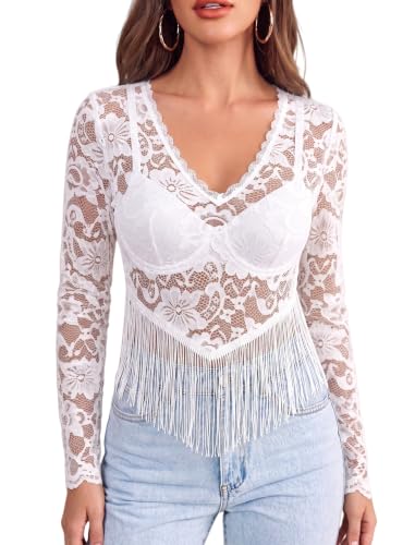 Avidlove Fitted Lace Crop Tops for Women V Neck Long Sleeve Sheer Top $4.99 at Avidlove via Amazon - image 1