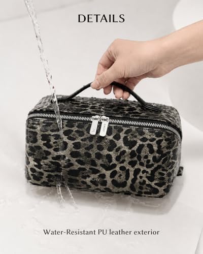 Image of EACHY Travel Makeup Bag, Large Capacity Cosmetic Bag for Women, Waterproof PU Leather, Flat Open Portable Toiletry Bag for Skincare, Brushes & Travel Essentials