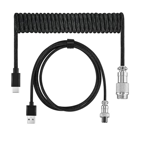 JiaHeHe USB Typ C Spiralkabel 1.8m für Mechanische Tastatur, Abnehmbarer Metall Aviator Anschluss, USB A auf C Keyboard Kabel, Flexibles TPU, Custom Gaming Zubehör Schwarz