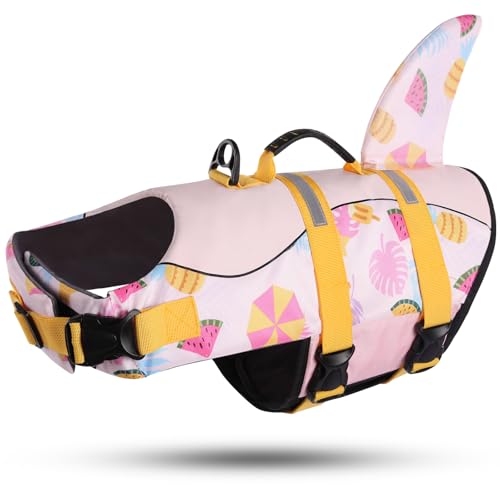 ASENKU Schwimmweste Hund, Hunde Rettungsweste zum Schwimmen, Bootfahren, Hunde Hai Schwimmwesten, Hunde Lebensretter Badeanzüge für Pool, Hunde Wasser Schwimmweste Sommerrosa S