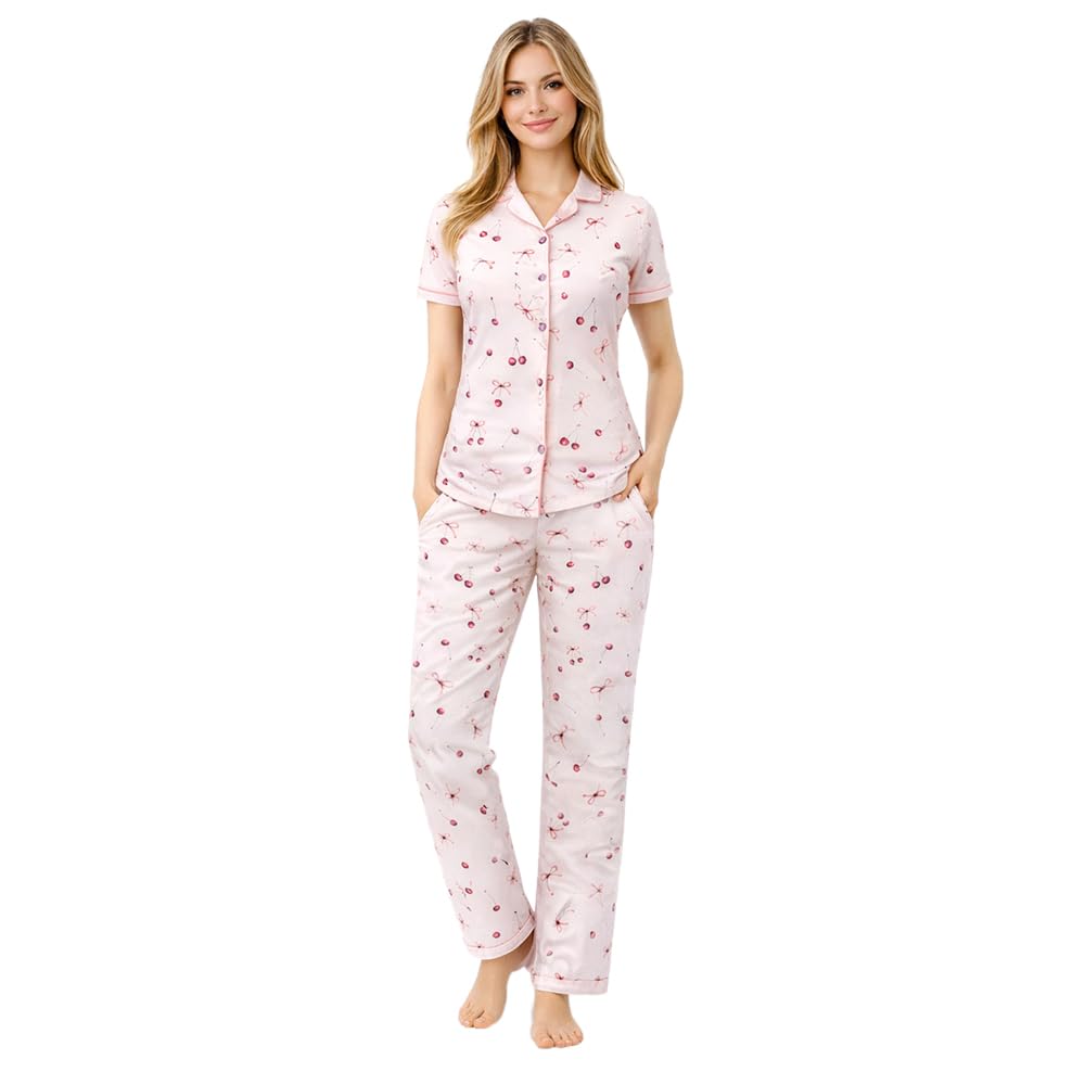 Women’s Cotton Night Suit Set | Collared Printed Shirt with Pyjama Pant Co-ord | Soft Breathable Relaxed Fit Sleepwear & Loungewear for Ladies – NSFP1006-image-44