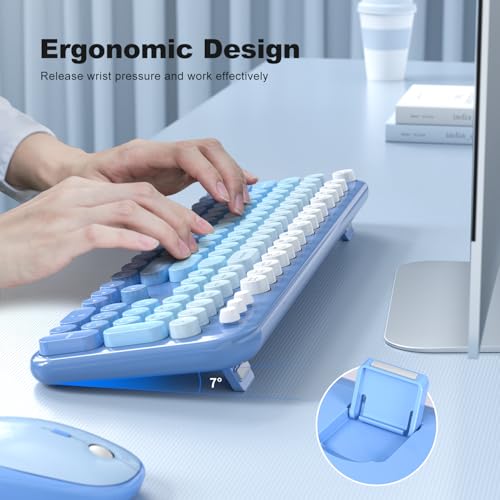 Image of KNOWSQT Wireless Keyboard Mouse Combo - Lovely Blue-Gradient Rainbow Full-Sized Typewriter Colorful Keyboards, Round Keycap Plug Play Retro Cute Keyboards for Windows, Laptop, PC, Desktop, Computer