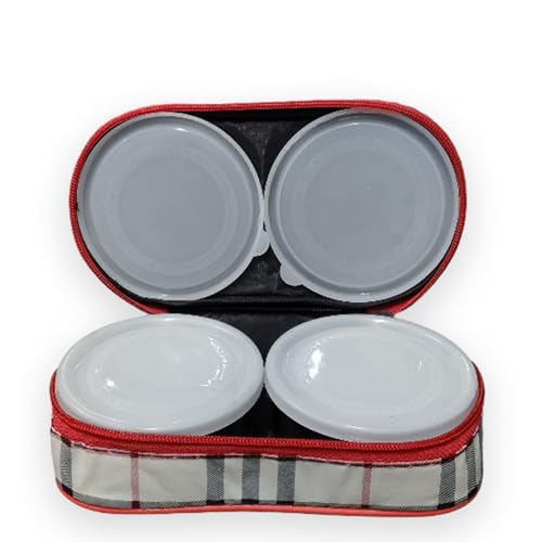 Image of Taxton Stainless Steel Lunch Box with 2 Containers and Insulated Carry Bag, Checkered Pattern, Plastic Lid (White Red)