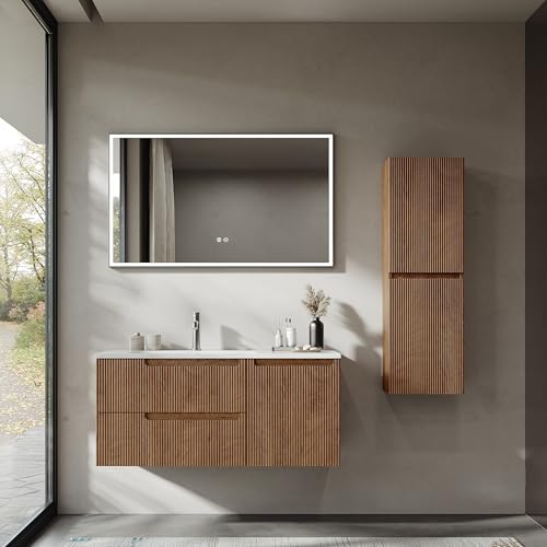 BRIDGE BENO Mueble de Baño Suspendido de 100 cm con Lavabo de Resina Mineral, 2 Cajones y 1 Puerta, Ultrafino, Cierre Suave, Frontal Acanalado – Apto para Baños Grandes – Forest Walnut