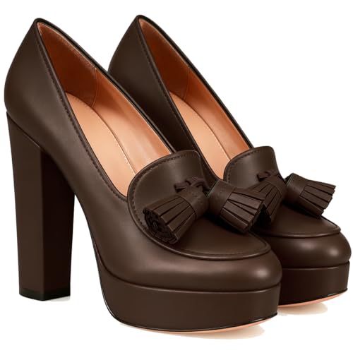 Image of SHODENSE Women Vintage Chunky Platform Loafers Pumps Tassel Round Closed Toe Slip On Suede Block High Heel Dress Loafer Shoes Buckle Strap Oxford Loafers Fringe Pump Dressy Chic Sexy Y2k 4-11 M US