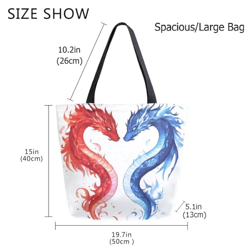 Blue and Red Dragons Extra Large Canvas Gym Shoulder Tote,Durable Reusable Daily Top Handle Bag for Mens Womens Yoga Weekender Picnic Beach Travel Market Shopping4