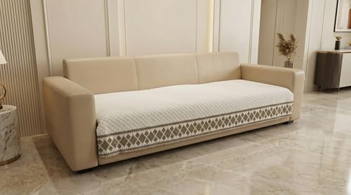 Image of Velvet Quilted Sofa Cover Mat Seat & Back, 4 Seater, L90in H32in, White Color,Anti Skid Backing, 6in Hanging Strap Design, Washable Soft, Anti Slip, Separate, Style -White-S4