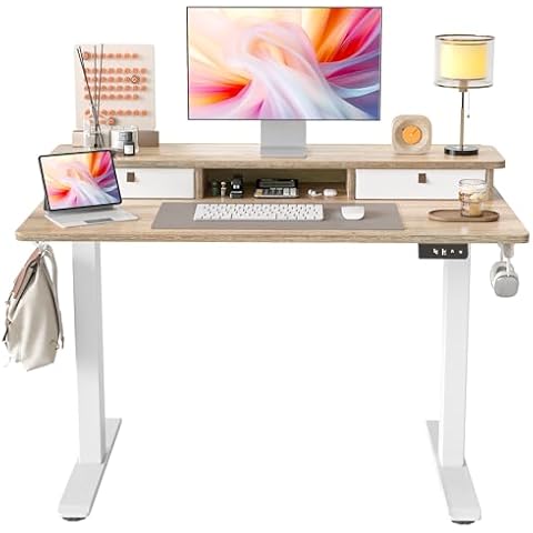 TIQLAB 48 * 24 Inch Standing Desk with Two Drawers, Stand Up Standing Desk Adjustable Height, Electric Sit Stand Desk with Storage Shelf and Splice Board, Maple Cover