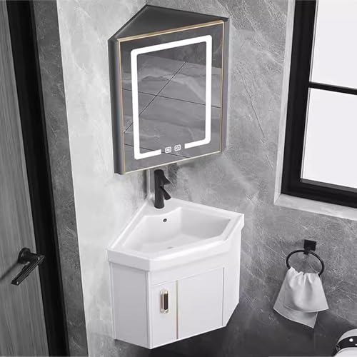 Mobile da Bagno Ad Angolo con Lavandino E Armadietto A Specchio A LED, Mobile Lavabo Ad Angolo con Lavabo, Mobile Lavabo da Bagno Piccolo A Parete, Set di Mobili da Bagno per Pi, Bianco, 38cm/15