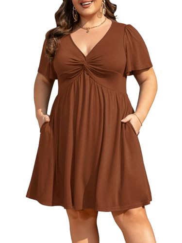 Image of Manllenshie Womens Plus Size Summer Dress Casual Short Sleeves Deep V Neck Twist Knot Front Flowy Dress with Pockets
