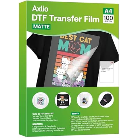100 Sheets DTF Transfer Film Paper- Axlio 8.5" x 11" Double Sided Matte Clear Pretreat Sheets, PET Heat Transfer Paper for Epson Inkjet Printer DTF Printer Direct Print On T-Shirts Textile Cover