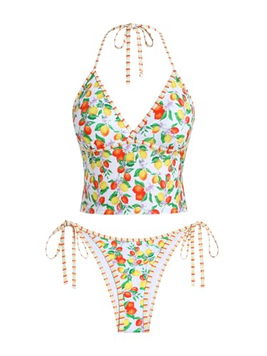 ZAFUL Sexy Crop Tankini Swimsuits for Women Halter V Neck Y2K 2 Piece Bathing Suit with Cheeky Bikini Bottom,Fruit,L — view 5