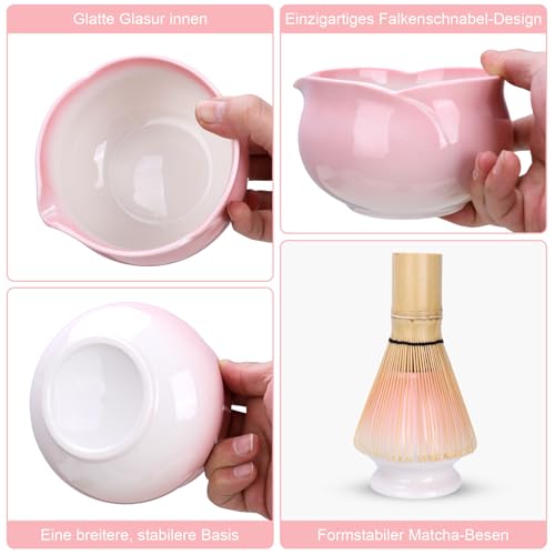 Matcha Set, Matcha-Set Rosa, Blütenblattform Matcha-Schüssel mit Ausgießer, Matcha-Rührer und Ständer, Matcha-Löffel… – Ansicht 3