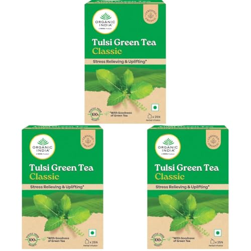 Image of A TATA Product - Organic India Tulsi Green Tea Classic - 25 Tea Bags, Uplifts Mood, Rich in Antioxidants, Blend of Rama, Krishna & Vana Tulsi, Certified Organic (Pack of 3)
