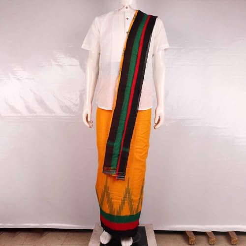 Image of Authentic Sambalpuri Handloom Cotton Unstitched Dhoti with Utari for Men | Traditional Odisha Weave Ikat Dhoti for Festive & Religious Wear