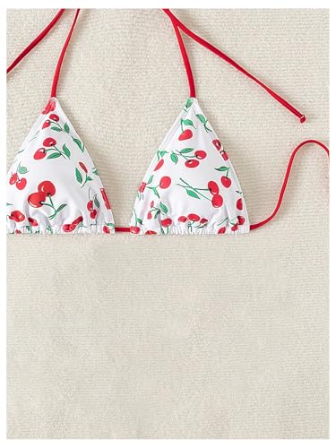 WDIRARA Women's Cherry Print Triangle Bikini Tops Halter Micro Cute Swimsuit Top4