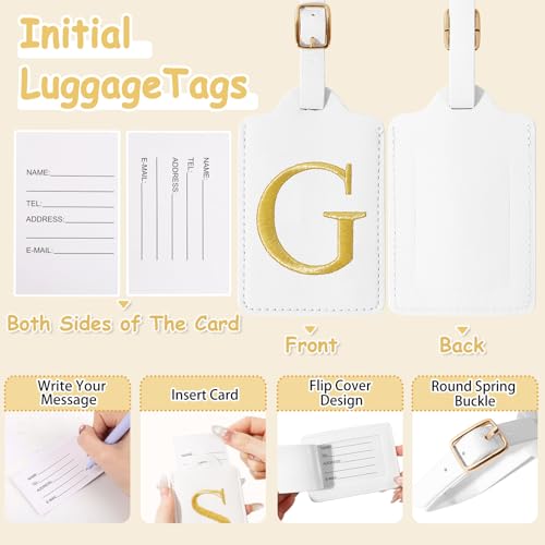 Image of Initial Luggage Tags for Suitcases, Cute Embroidered Letter Luggage Bag Suitcase Identifier Name Baggage Tag, PU Leather Travel Luggage Tags, Bag Tags for Men Women Kids Luggage Handbags(White G)