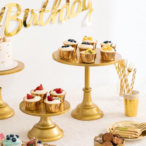 HBlife 3-PCS Gold Cake Stand Set (8"/10"/12" Plate) for 6-10 Inch Cakes, Perfect Dessert Table Display Set, Cupcake&Cake Stands for Party, Wedding, Birthday, Baby Shower, Anniversary (Metal) - Image 3