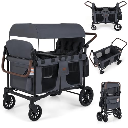INFANS 4 Seater Wagon Stroller All-Terrain Foldable Wagon for 4 Kids with Adjustable Push Pull Handles 5-Point Harness Detachable Seats Snack Tray Insulated Organizer Removable Canopy (Grey)