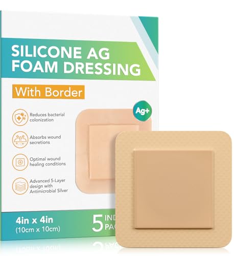 Silicone Border Silver Foam Dressing (4x4) - 5 Pack | Antimicrobial Wound Care with Ag+ Technology | Absorbent Water-Resistant & Skin | OTC Medical Foam Dressing