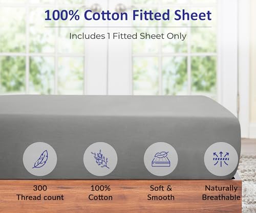 Image of ROYALE LINENS 300 Thread Count 100% Long Staple Combed Cotton Fitted Sheet King - Super Soft Deep Pocket Bottom Sheet - Fitted Sheets Only - Elastic Sheets (King, Silver)