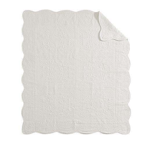 Madison Park Madison Park Luxe Quilted Throw Blanket - Damask Stitching Design, Cotton Filled Spread, Ultra Soft, Cozy Bedding For Living Room Couch, Sofa, Bed, 60X72", Scalloped Borders White #TOP3
