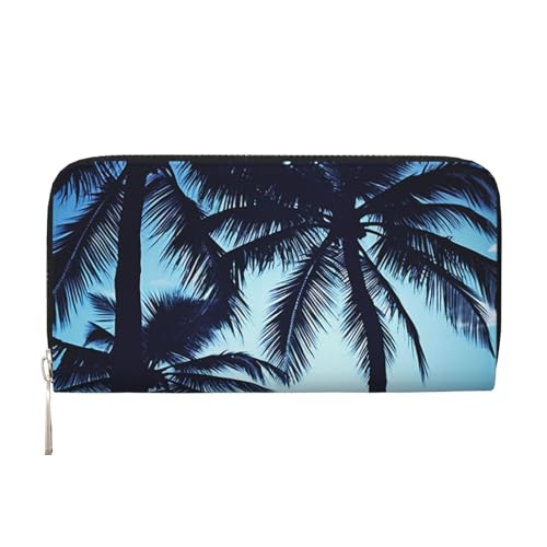 Palm Tree Blue Leather Wallet For Women Girl, Zip Around Credit Card Holder Long Pu Wallet Clutch Purse Waterproof Travel Handbag