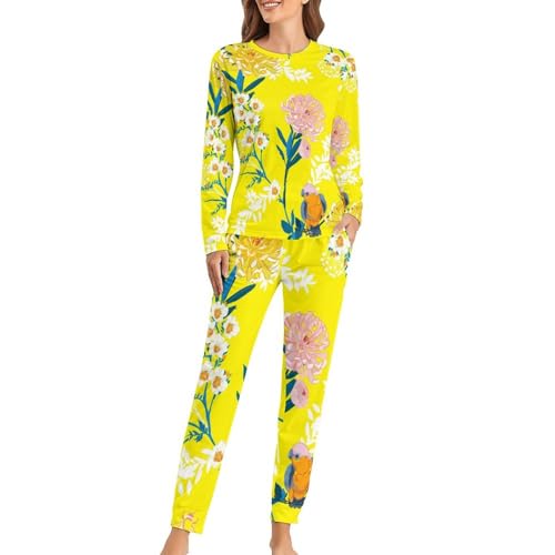 Pyjama femme oiseaux et fleurs roses ensemble t-shirt manches longues et pantalon homewear
