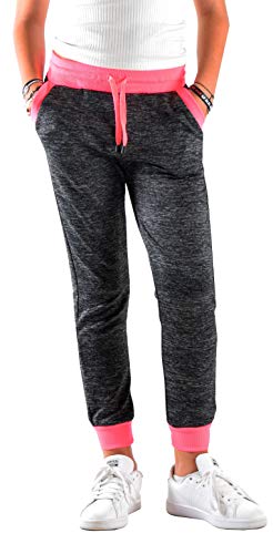 Dinamit Jeans Girls Heather French Terry w Bright Color Waistband Jogger Pants GB-128DGrey-BrightPink-S