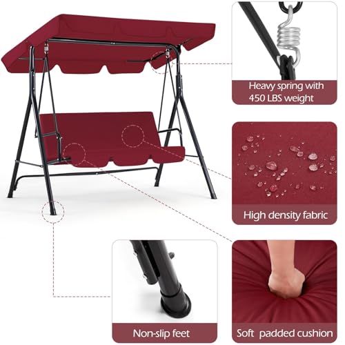 Sedia a dondolo da giardino a 3 posti per esterni, panca da portico con cuscino rimovibile e paralume regolabile, perfetta per rilassarsi a bordo piscina e in giardino