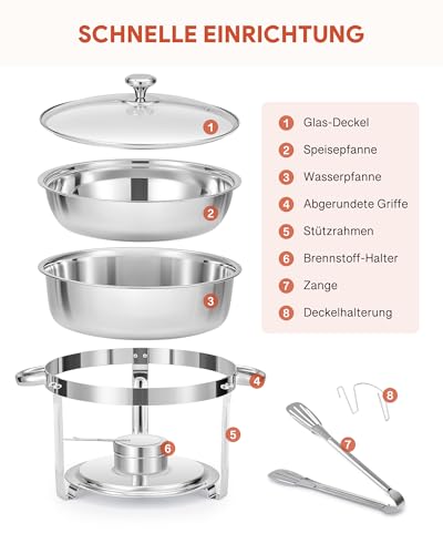 Wilprep 5,5L Rund Speisenwärmer mit Glasdeckel 4 Set Chafing Dish Set Erstklassiger 410 Edelstahl Wärmebehälter Suppenwärmer Bain Marie für Catering Buffet und Party – Bild 6