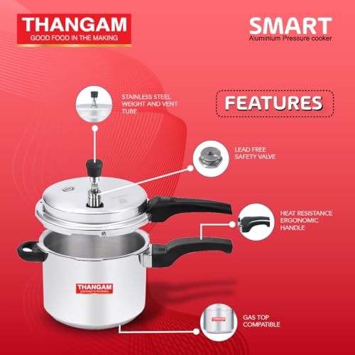 Image of Thangam Aluminium Large Pressure Cooker 7.5 Litre | Heavy Gauge Cooker for Gas Stove | Durable Virgin Aluminium Body | Fast Cooking Silver Kitchen Cookware (7.5 Litre)