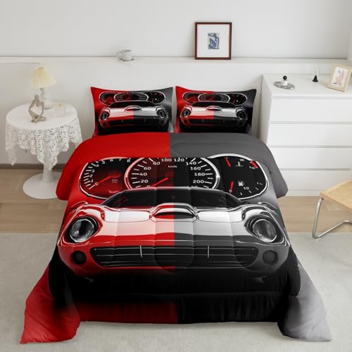Image of Feelyou Red Black Race car Comforter Set Toddler Size Speed Sports Car Bedding Set for Kids Teens Racing Car Comforter Extreme Sports Duvet Set Decor Automobile Quilt 2Pcs
