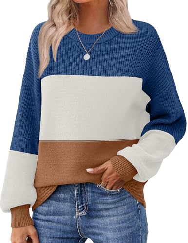 Zeagoo Women's Fall Sweaters Long Sleeve Color Block Crewneck 2025 Casual Soft Chunky Knit Sweaters Jumper Pullover Tops