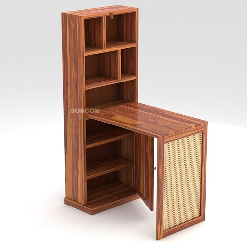 Image of SUNCOM Solid Sheesham Wood Foldable Study Table with Book Shelf - Wooden Study Table for Students StudyTable with Storage Computer Table for Home (Natural)