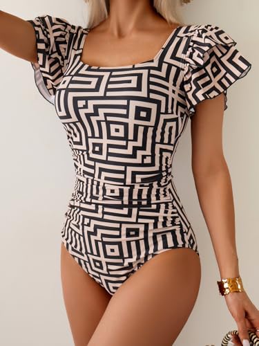 Image of Eomenie Women's Tummy Control One Piece Swimsuit Ruffle Square Neck Bathing Suit Ruched Cutout Back Slimming Swimwear