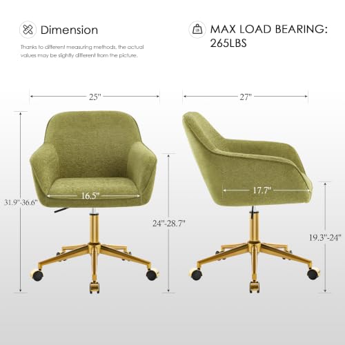 Image of Zesthouse Vanity Chair with Wheels for Girl Women, Swivel Office Desk Chair | Green Chenille Rolling Office Chair with Arms & Gold Base, Upholstered Fabric Desk Chair for Bedroom, Height Adjustable Chair