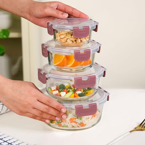 Image of Nestasia Nestro Airtight Glass Containers with Lid Set of 4 (215ml, 400ml, 600ml, 950ml) | Spill Proof Round Glass Containers with Break Free Lock - Microwave, Dishwasher & Freezer Safe (Mauve)