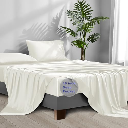 Image of ACCURATEX Cooling Sheets for Hot Sleepers, Queen Size,Ivory | Viscose Made from Bamboo, 4 Pcs Silky Soft Sheet Set, Breathable Cool for Night Sweats, up to 16 inches Deep Pockect