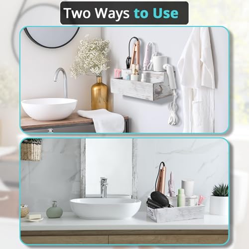 Hair Tool Organizer, Rustic White Wooden Hair Dryer Holder Countertop, Wall Mount Hot Tools Organizer for Hair Styling Accessories, Bathroom Supplies Vanity Caddy for Curling Wand, Blow Dryer