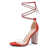 Shoe Land SL-ROSEMMINA Women’s Rhinestone Open Toe Lace Up Chunky High Heel Sandals Clear Fashion Dress Pumps Wedding Bride Shoes 2020ClearRed 8.5