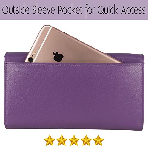 Image of Women's Top Grain Leather Wallet, RFID Blocking Bifold clutch, 17 Card Slots, Zip Pocket Organizer, Elegant Gift for Women - Birthday, Valentine, Anniversary - PURPLE
