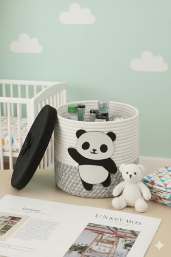 Image of Jute Basket For Storage Cotton Rope Toys Basket With Lid Handwoven Natural Foldable Laundry Hamper for Home, Office, Living Room Size 10x10 inch (PANDA)