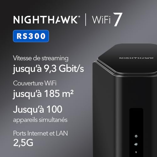 NETGEAR Nighthawk Tri-Band WiFi 7 Router (RS300) - Sicherheitsfunktionen, BE9300 WLAN-Geschwindigkeit (bis zu 9,3 Gbit/s) - deckt bis zu 185 m2, 100 Ger&auml;te ab - 2,5 GB Internetanschluss