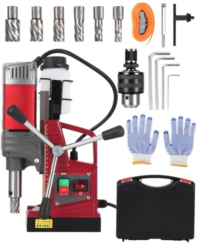 Image of Magnetic Drill Press Kit, 1.57 inch Capacity, 1450W Electric Mag Drill with 6 Coring Bits, Plastic Box & Adapter, 820RPM, 2922LBF Force, Double Dovetail Design, for Industrial, Workshop and Home Use