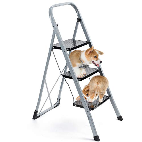 Delxo 3 Step Ladder Folding Step Stool Ladder with Handgrip Anti-Slip Sturdy and Wide Pedal 300lbs Multi-Use for Household and Office Portable Step Stool Steel 3 Step Stool Gray and Black Combo